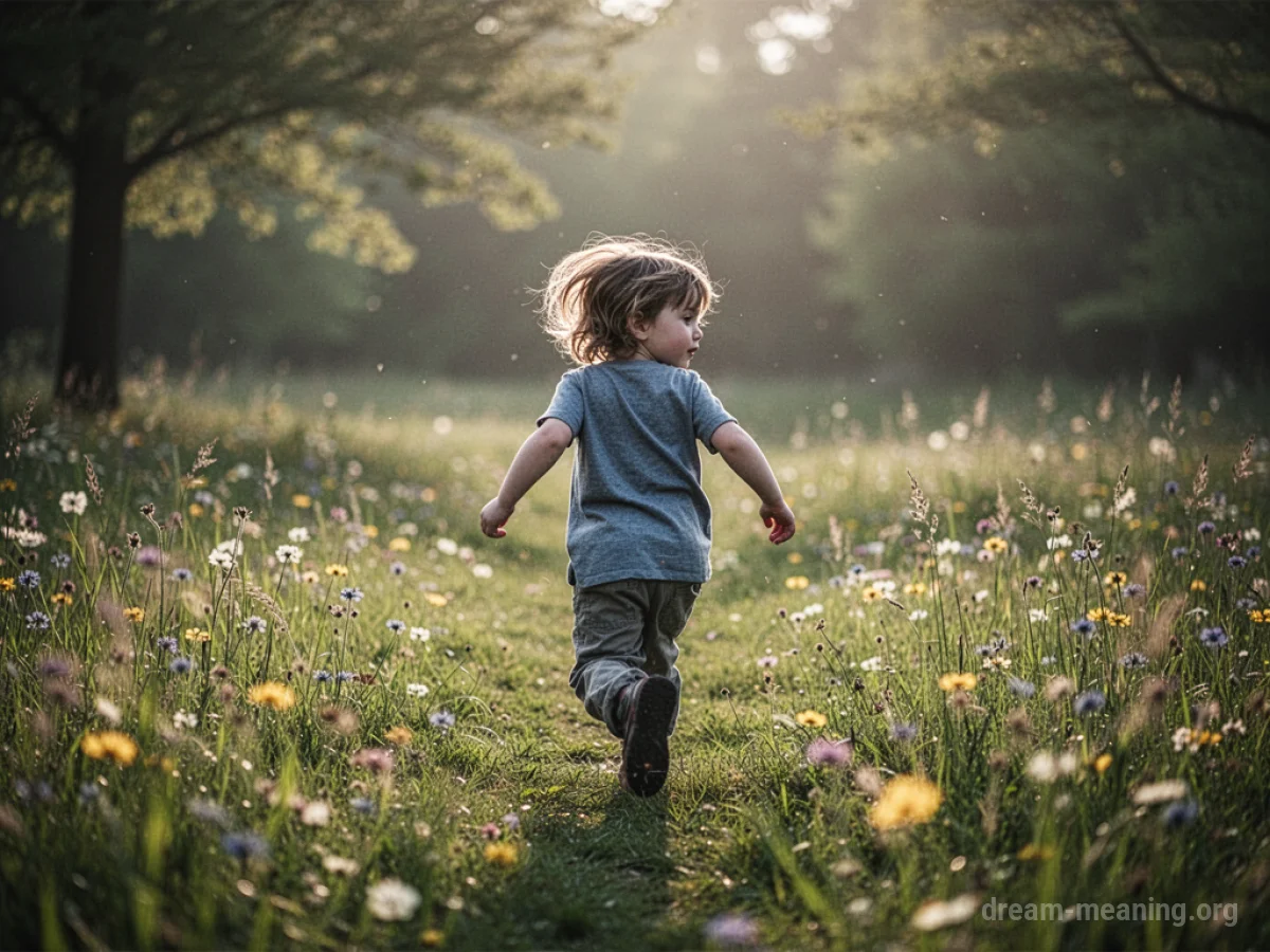 A young child running through a grassy field, looking over their shoulder.