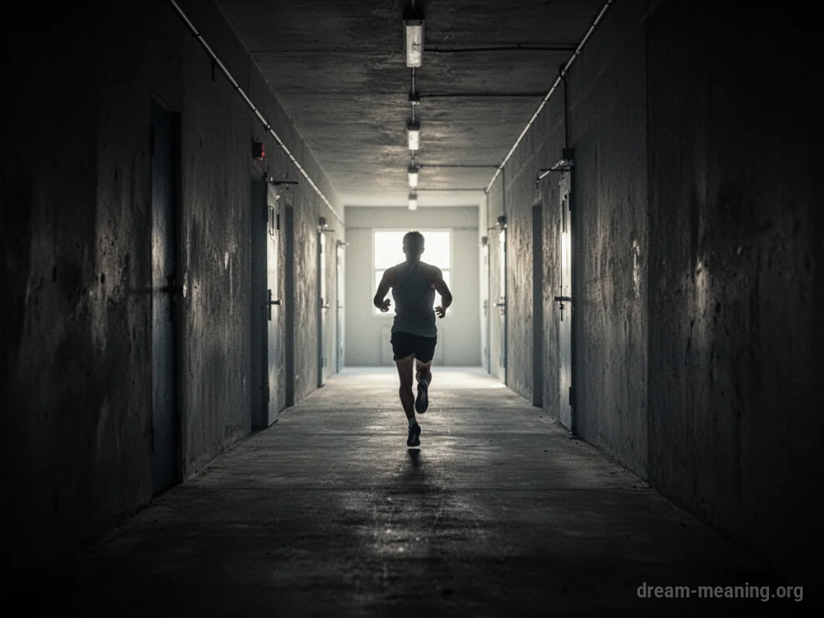 A person running down a long, narrow corridor towards a distant light.