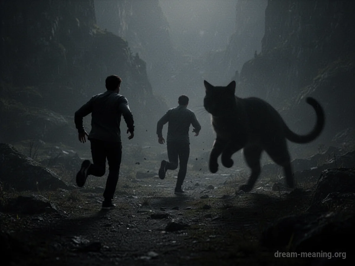 Silhouette of a person running away from a dark, menacing cat shape.