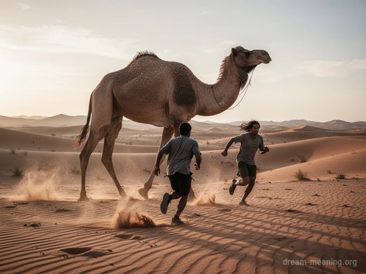 Silhouette of a person running away from a large camel in a desert.