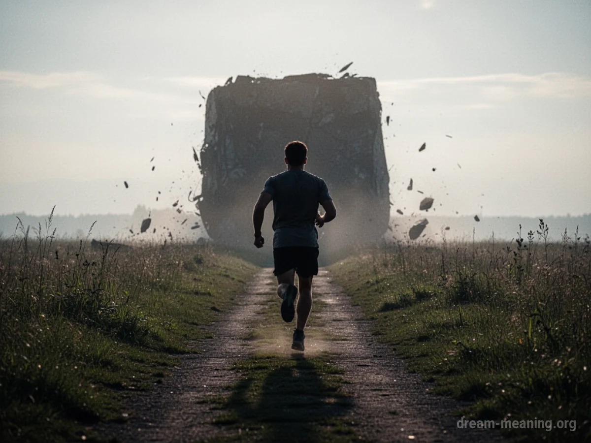 Silhouette of a person running away from a large shape on a path.