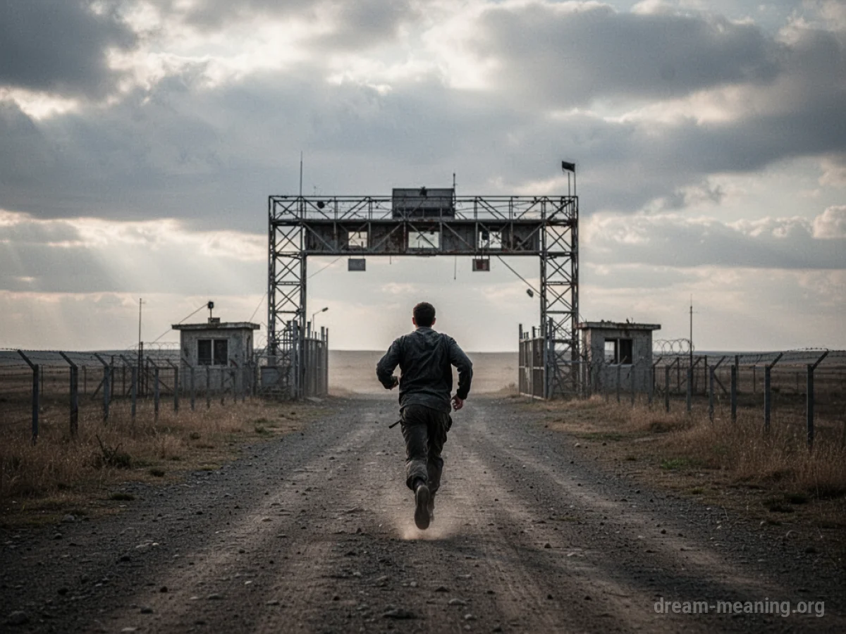 A silhouette of a person running away from a distant checkpoint gate under a gray sky.