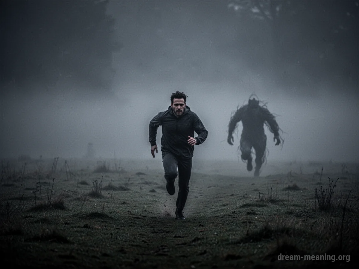 Silhouette of a person running away from a shadowy, indistinct creature in a dark, misty field.
