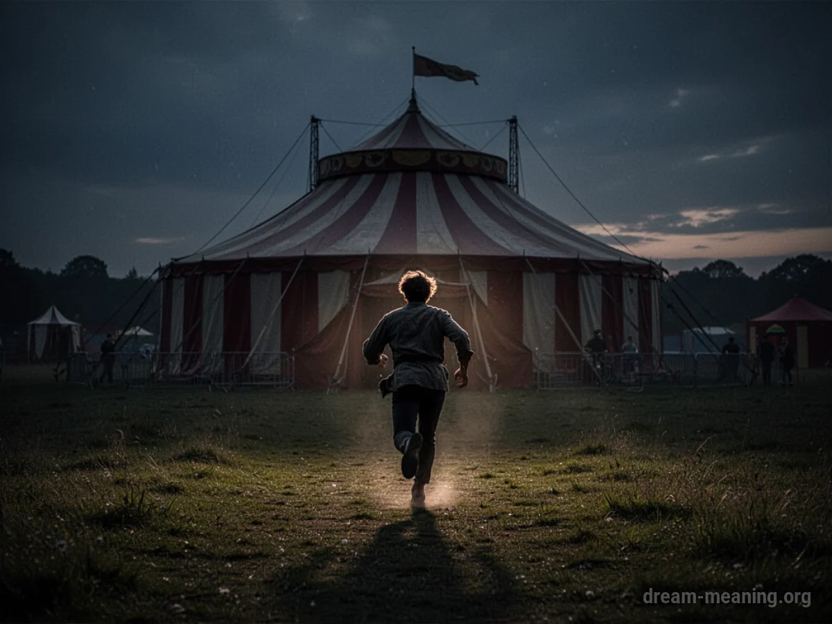 Silhouette of a person running away from a large circus tent in the distance.