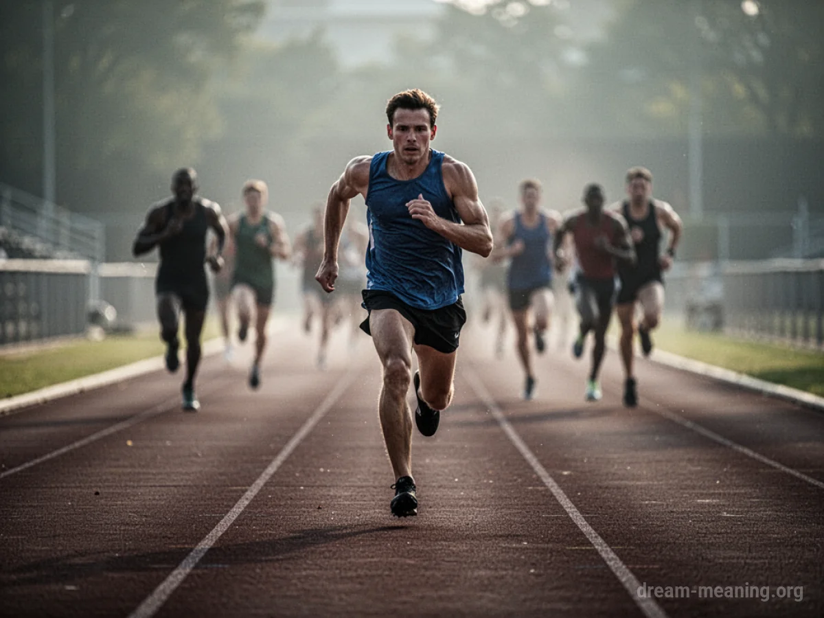 A person running on a track with shadowy figures behind them.