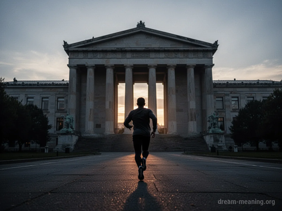Silhouette of a person fleeing from a grand, classical building.