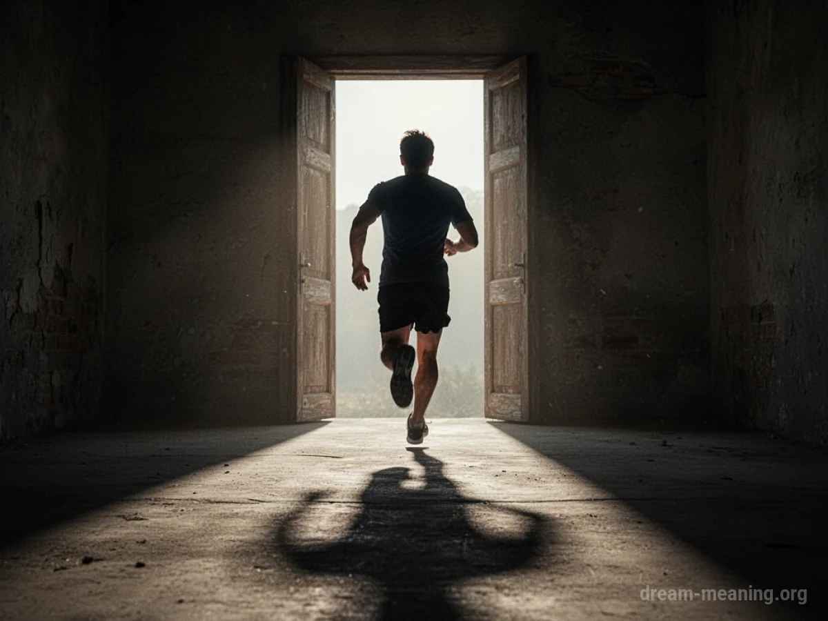 Silhouette of a person running away from a bright doorway.