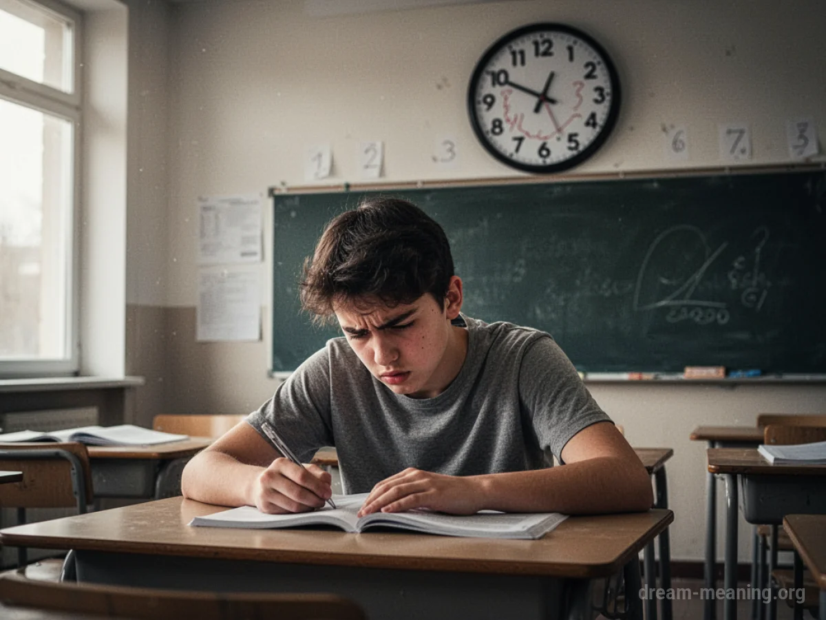 A student stressed at a desk in a classroom with a clock on the wall.