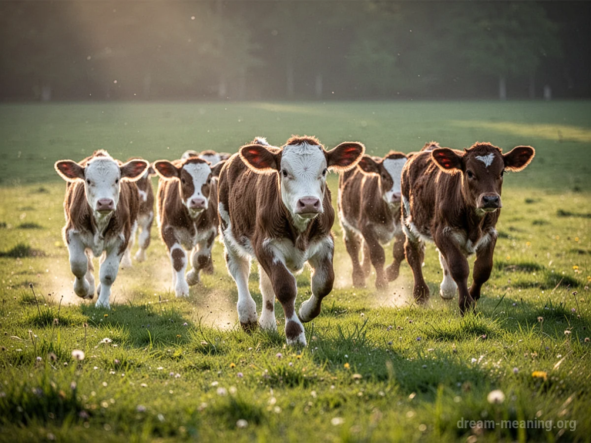 Several young calves are running together in a wide, grassy field.