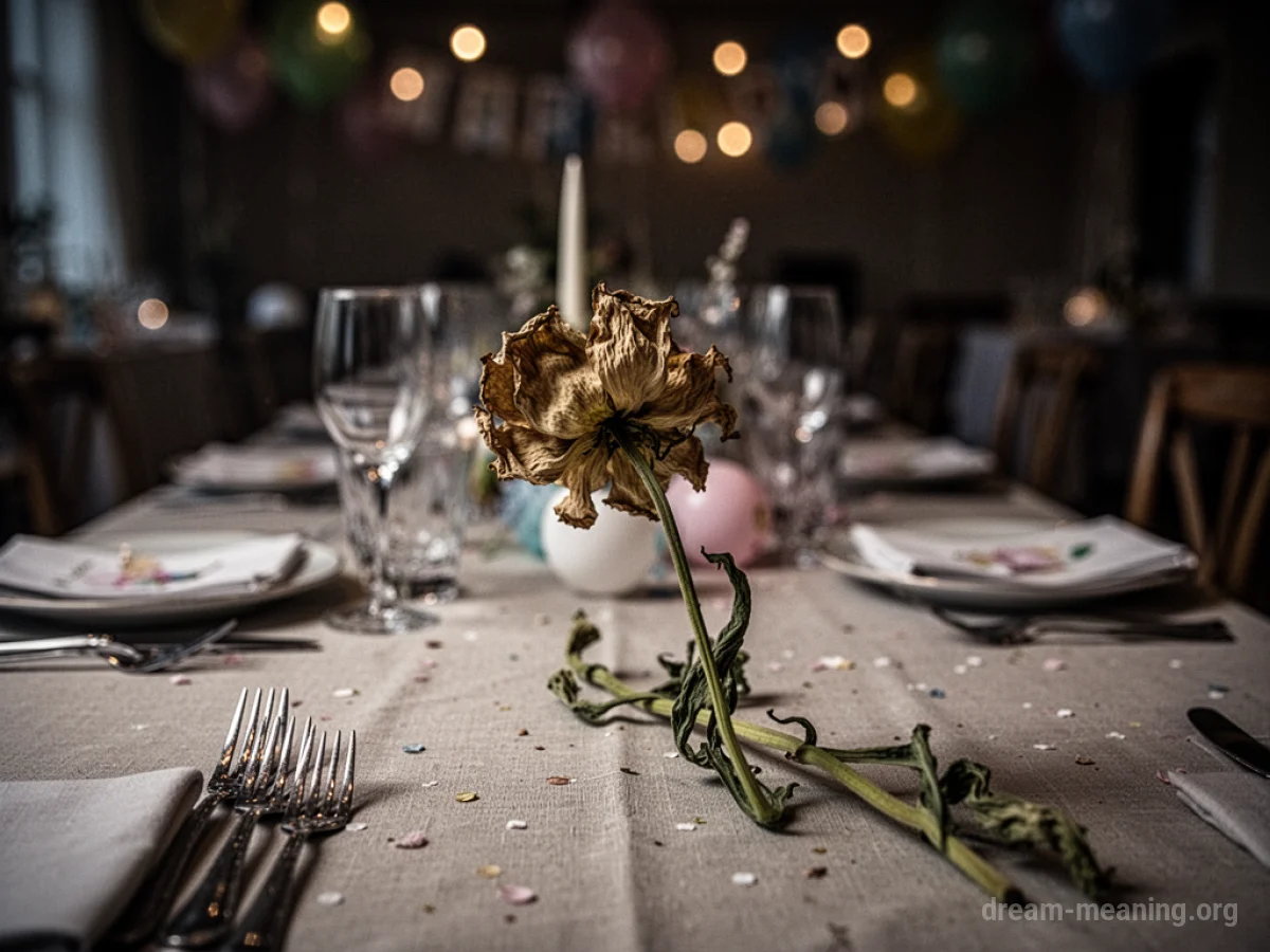 A single wilting flower on a party table with dim lighting.