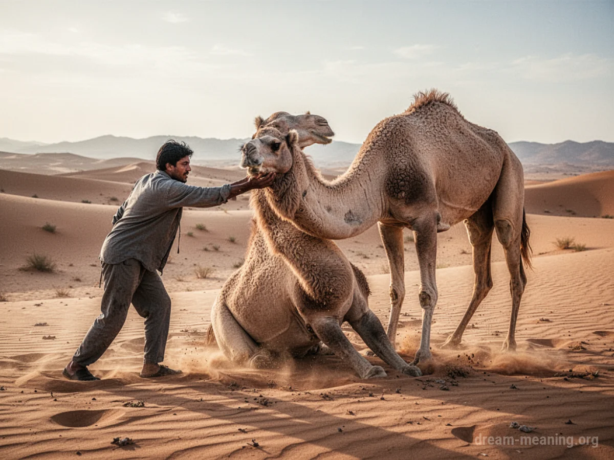 A hand reaching to help a camel stand up in a desert.