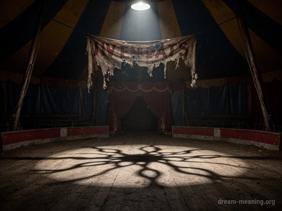 A shadowy, empty circus tent interior with a spotlight.