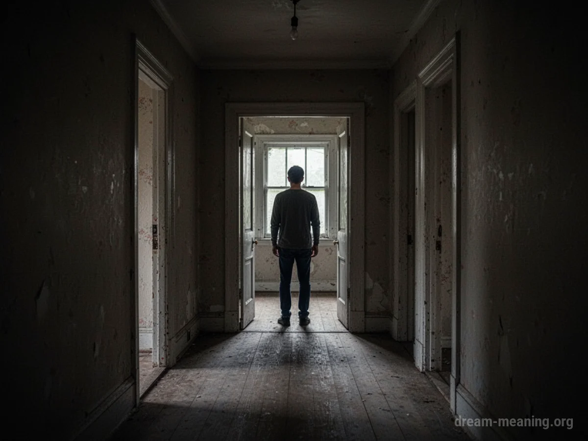 A person stands in the open doorway of an old, dark house, peering into its interior.