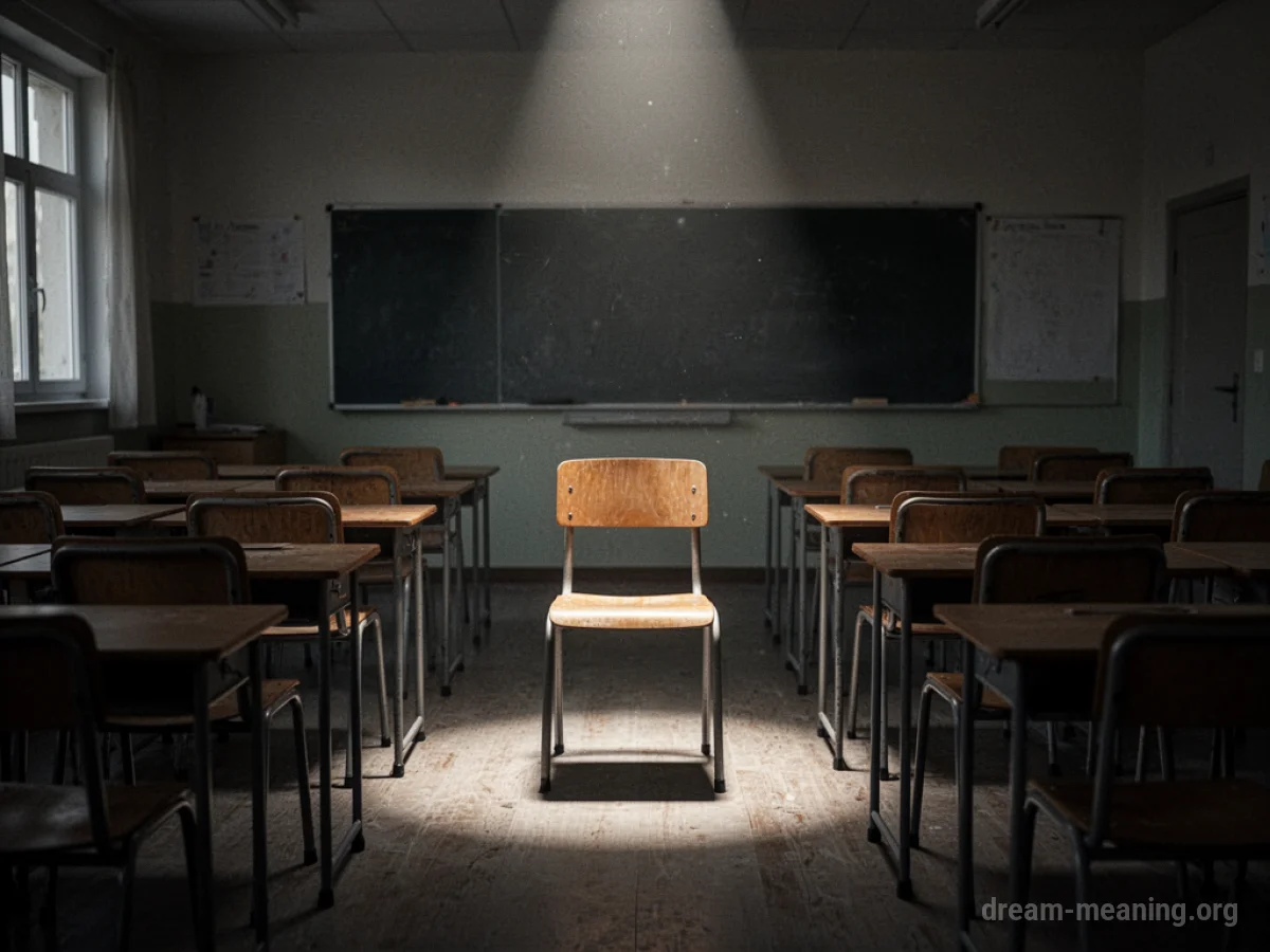 An empty chair in a dimly lit classroom.