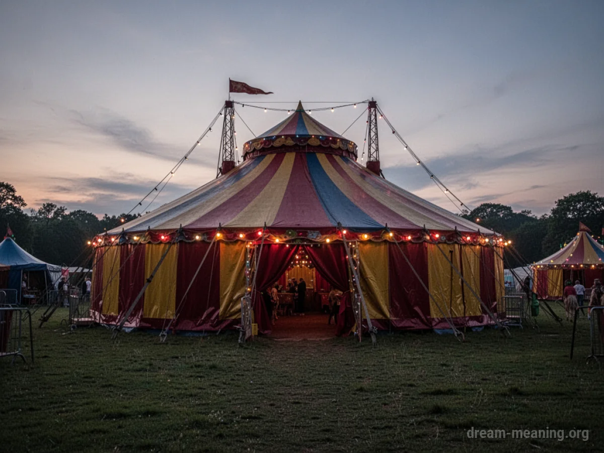 A large circus tent with colorful stripes under a darkening sky.