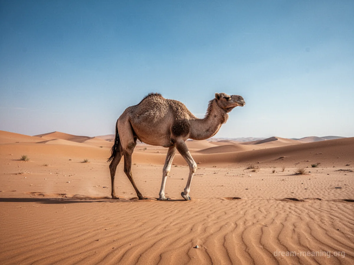 A single camel walking across a desert landscape.