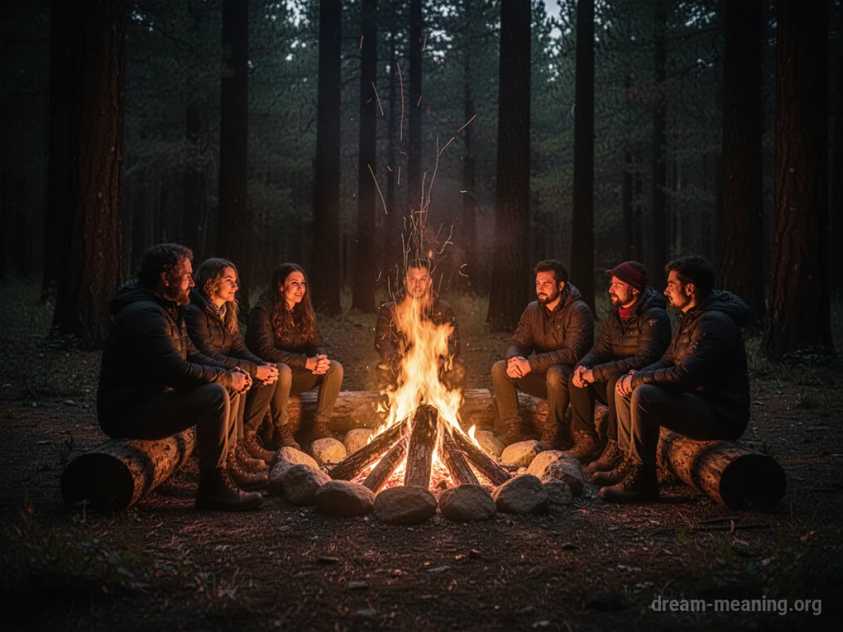 A campfire burning brightly in a dark forest with people sitting around it.