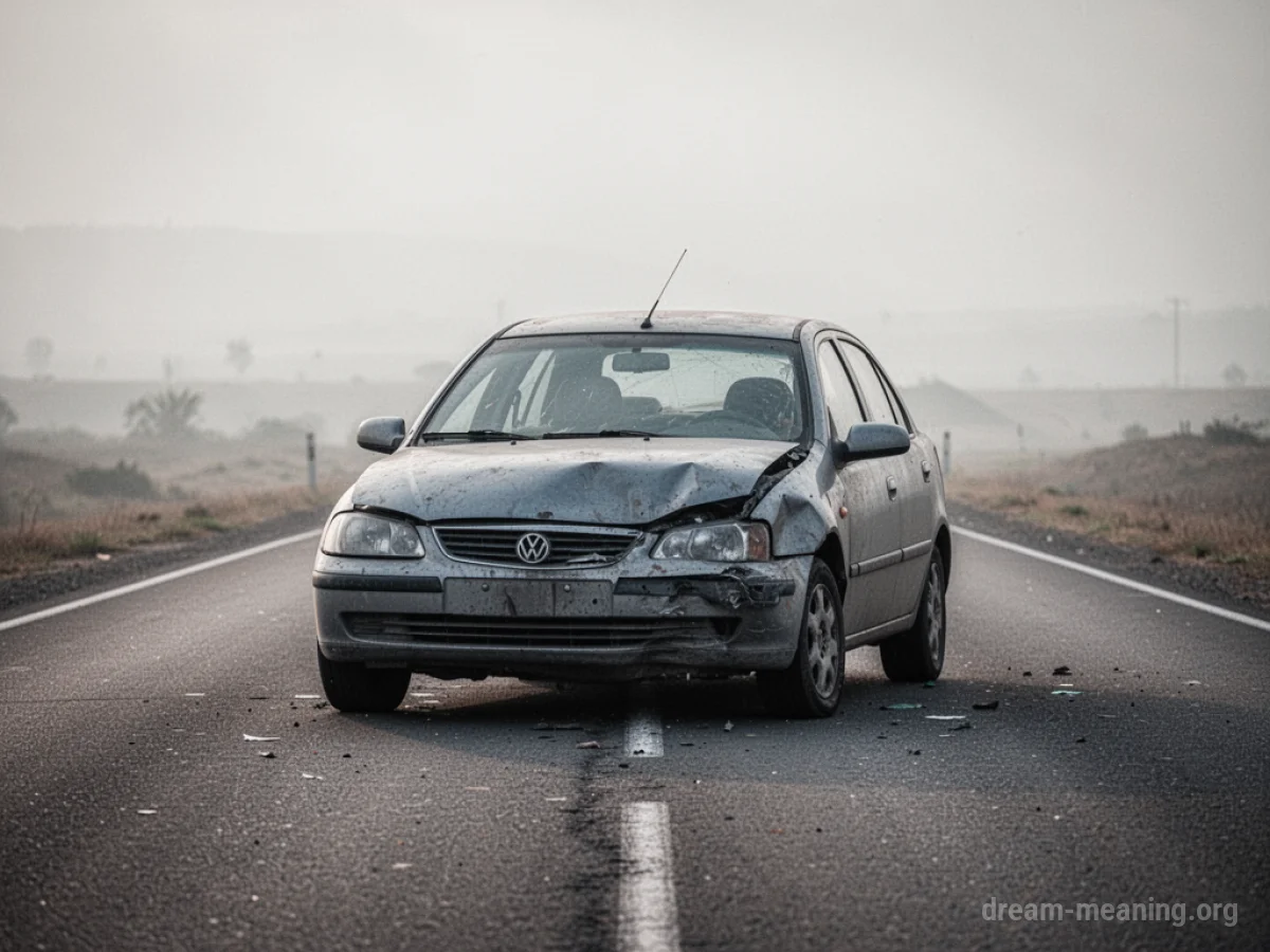 A solitary car with minor front-end damage on an empty road.