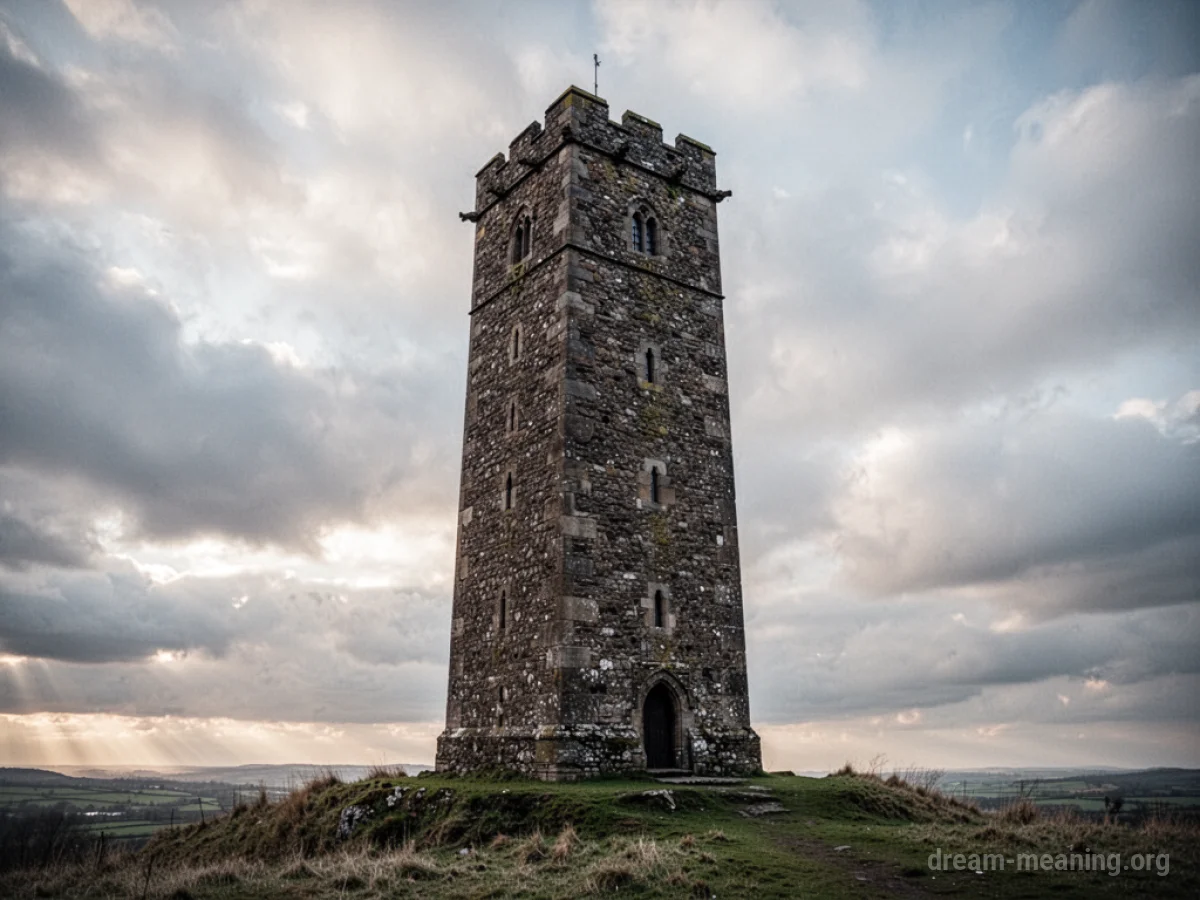 A tall stone tower reaching into a cloudy sky.