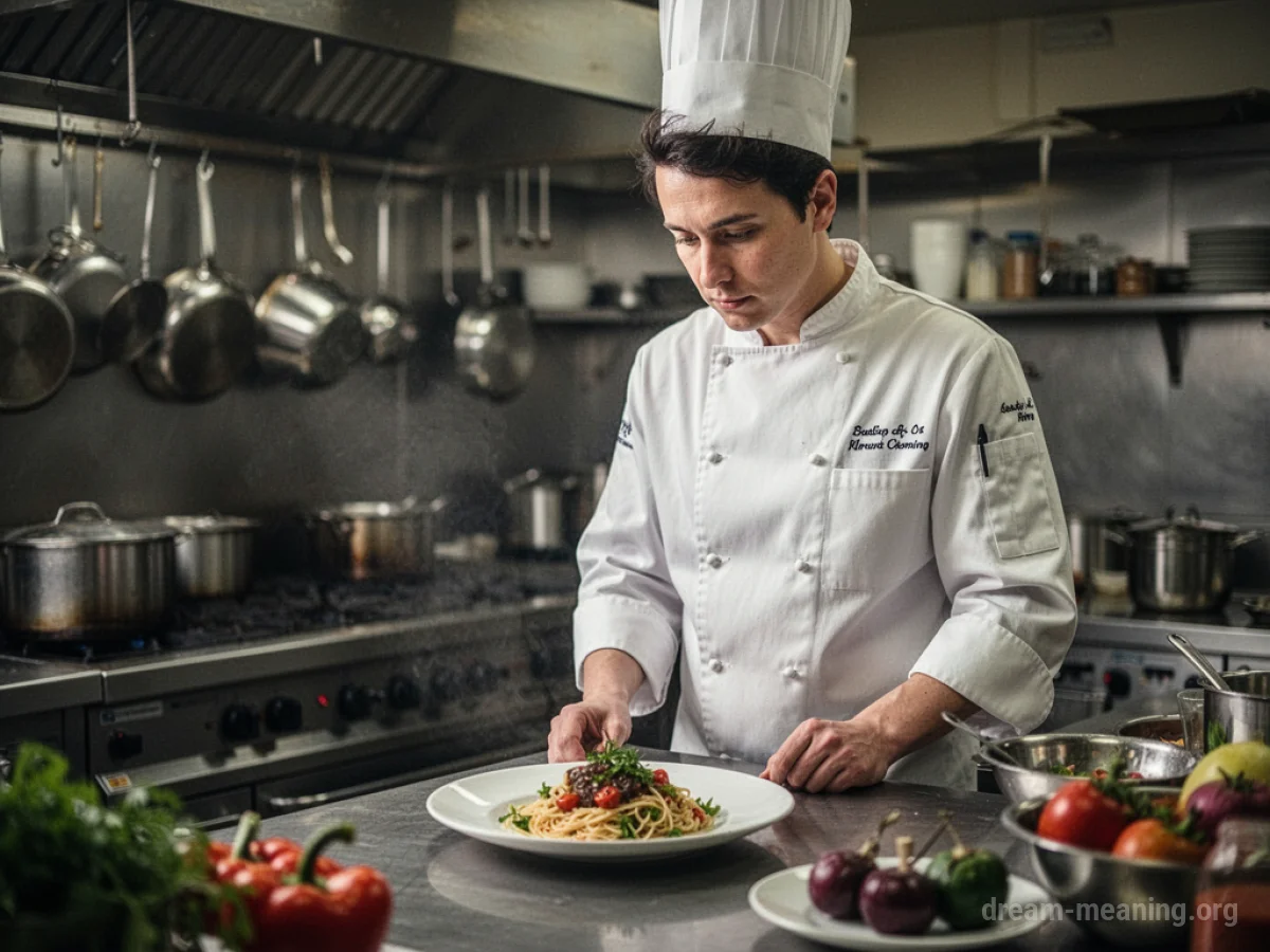 A chef in a white uniform and hat in a kitchen.