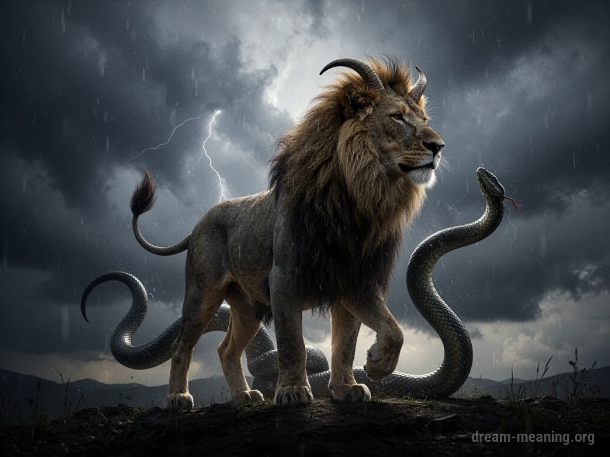 Silhouette of a mythical chimera against a dark, cloudy sky.