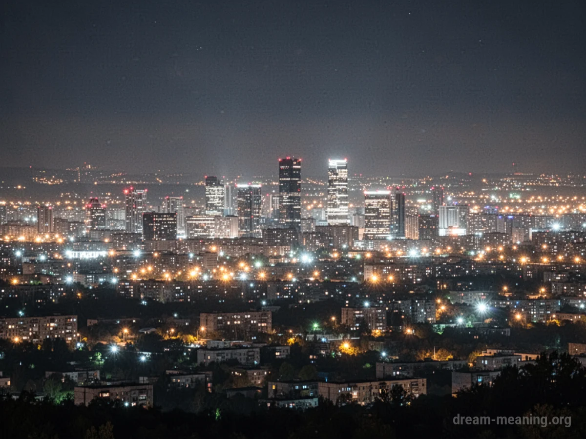 A view of a city skyline at night with many lights.