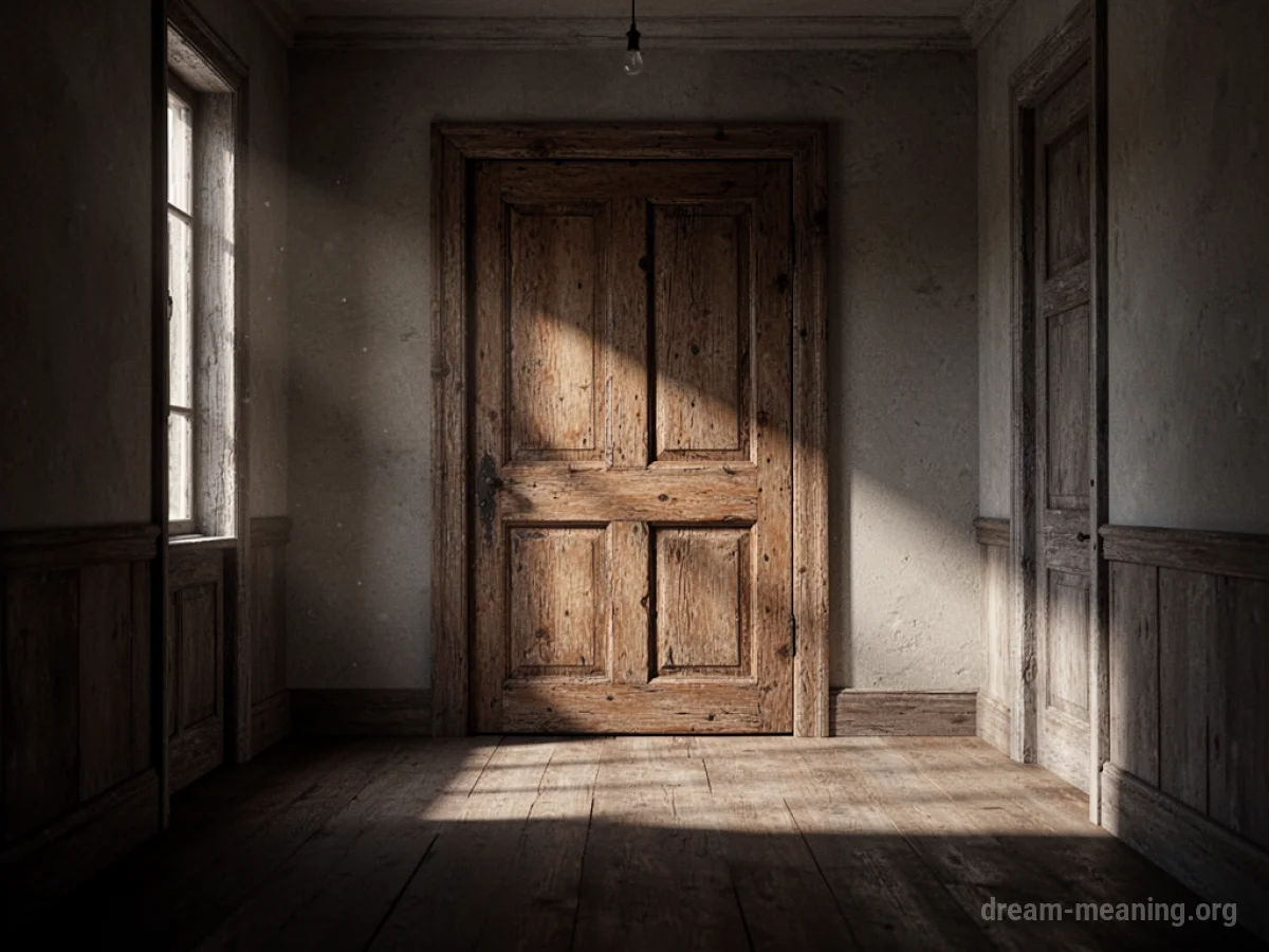 A dark, unadorned wooden door in a dimly lit corridor.