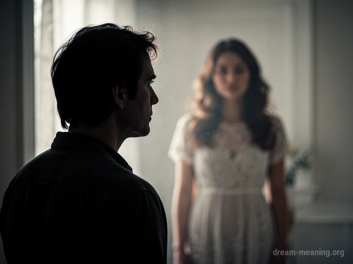 Silhouette of a person observing a hazy female figure.