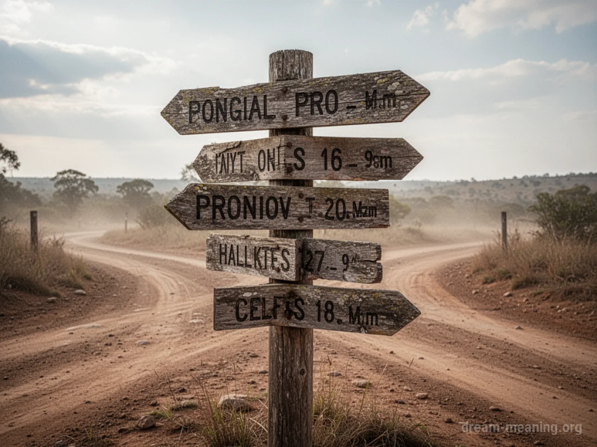 A wooden signpost with several arrows at a junction of dirt paths.