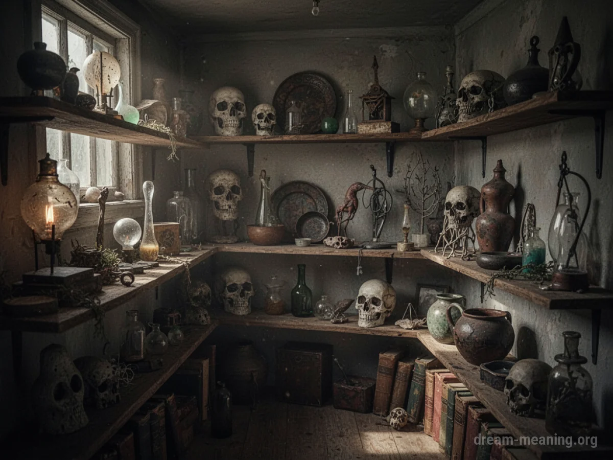 Shelves filled with various curated items in a dimly lit room.