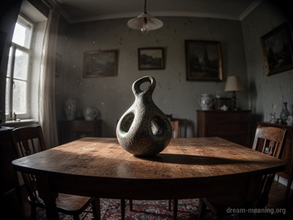 A peculiar object sits on a table in a dark room.