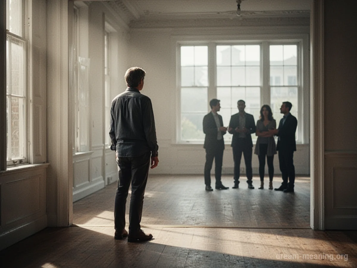 A solitary figure observing a group of people from a distance.