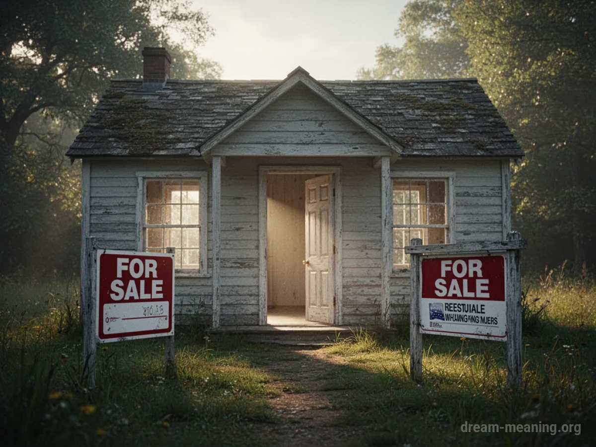 A small cottage with a 'For Sale' sign.