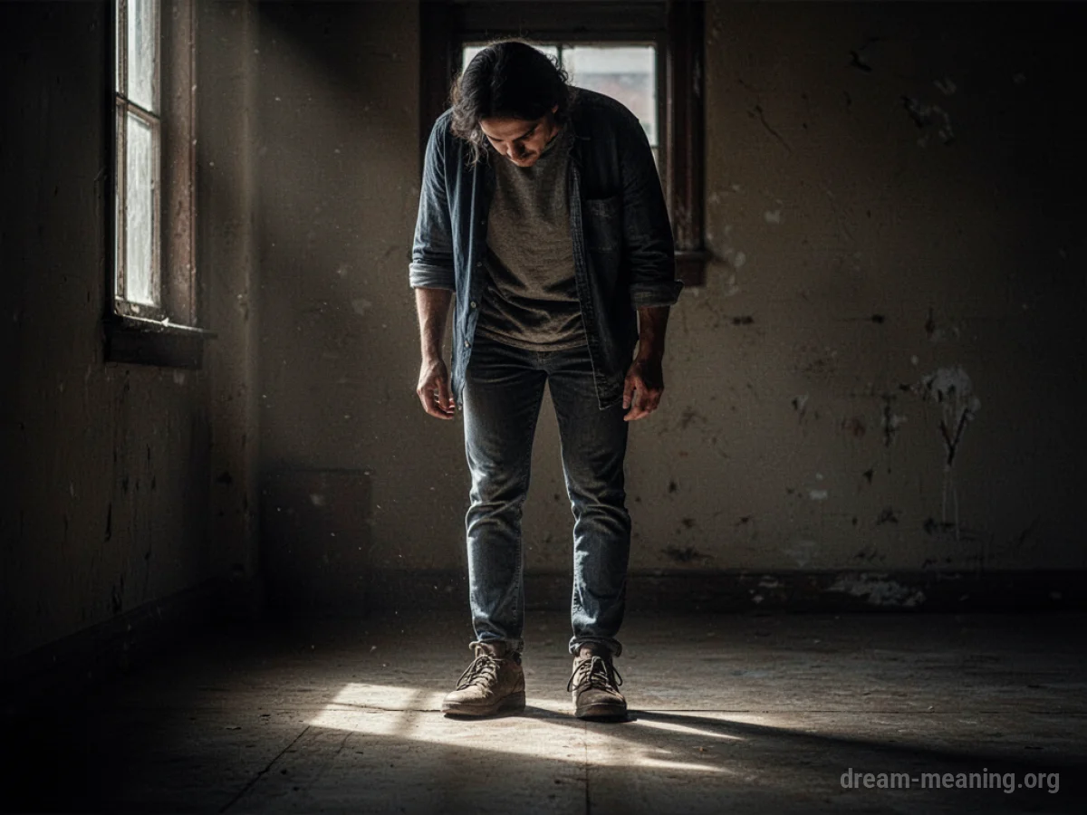 Silhouette of a person with head bowed, standing in a dimly lit space.