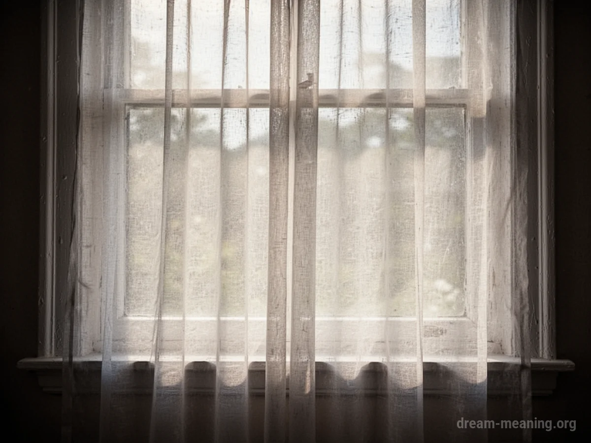 A light, see-through curtain hanging in a window.
