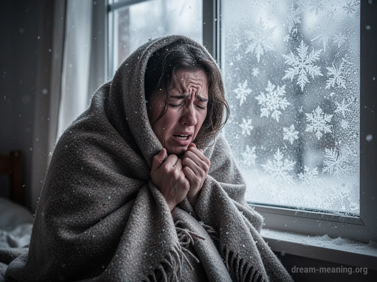A person shivering intensely while wrapped in blankets, with frost on a windowpane.