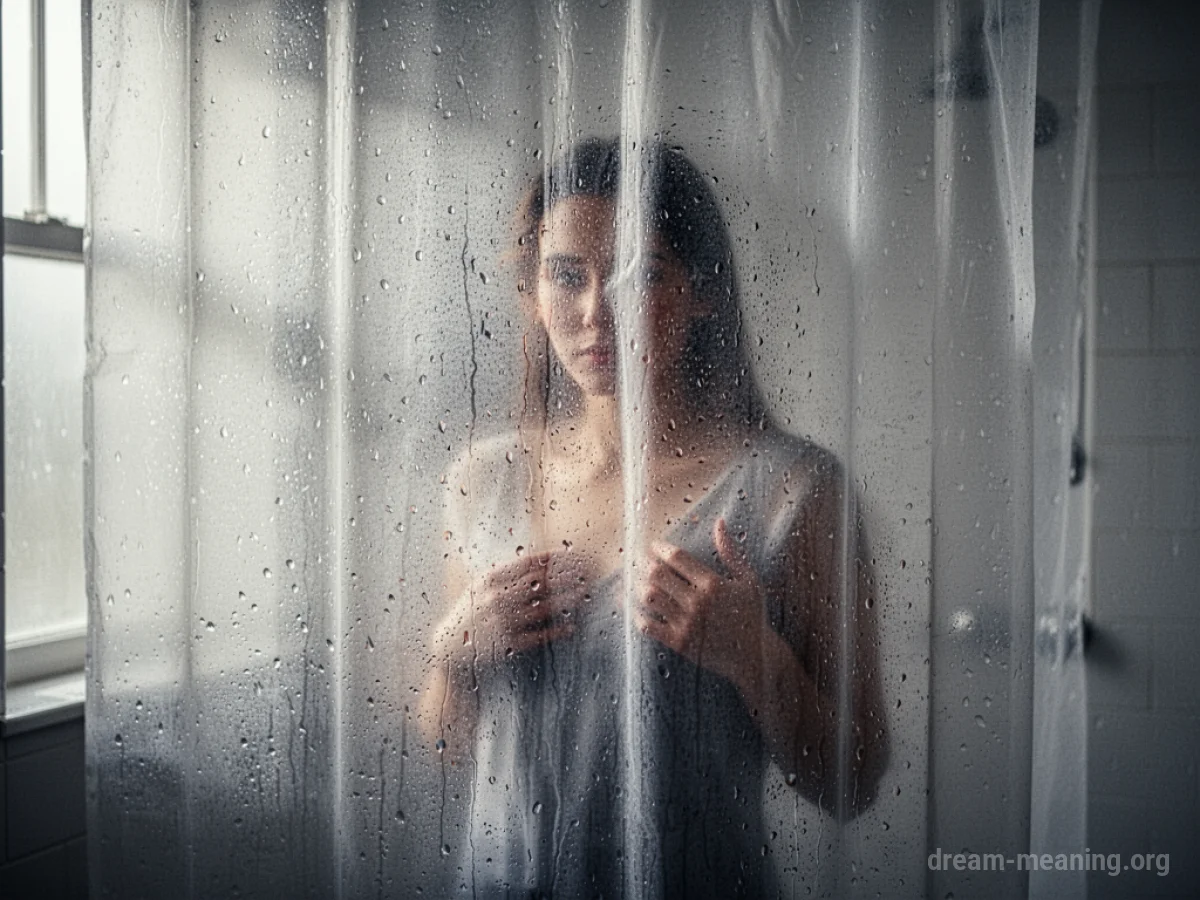 A clear shower curtain with water droplets, a blurred silhouette visible behind.