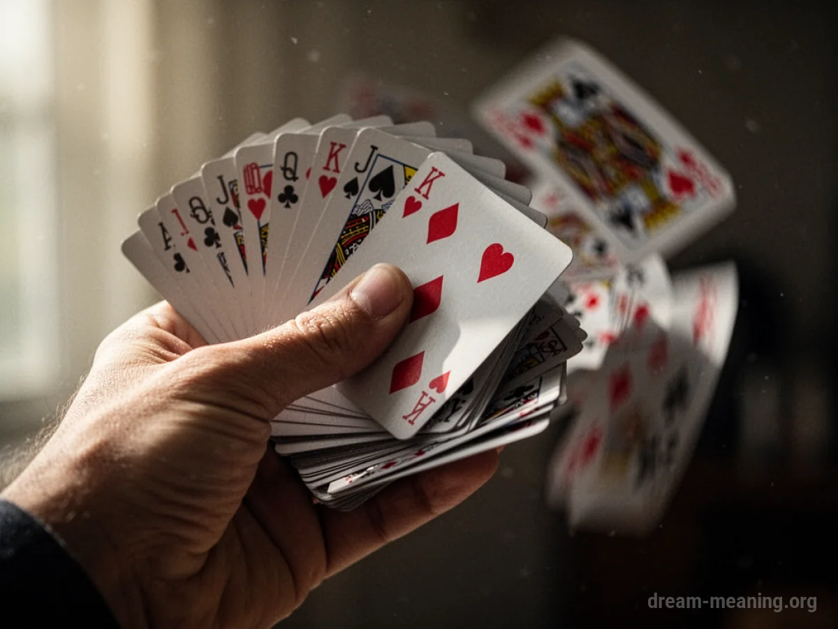 A hand shuffling a deck of playing cards.