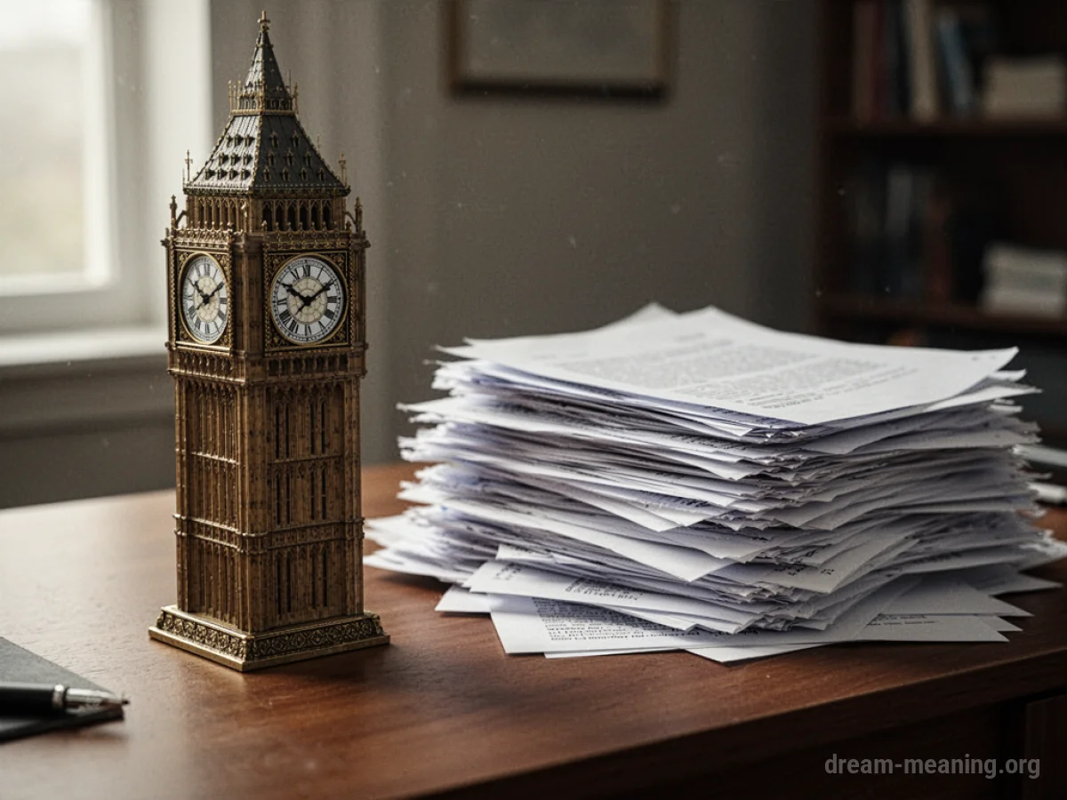 A tiny clock tower on a wooden desk with papers.