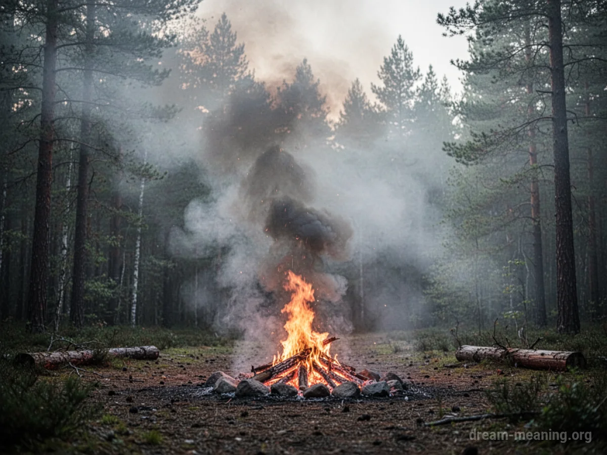 Thick gray smoke rising from a campfire, obscuring the background.