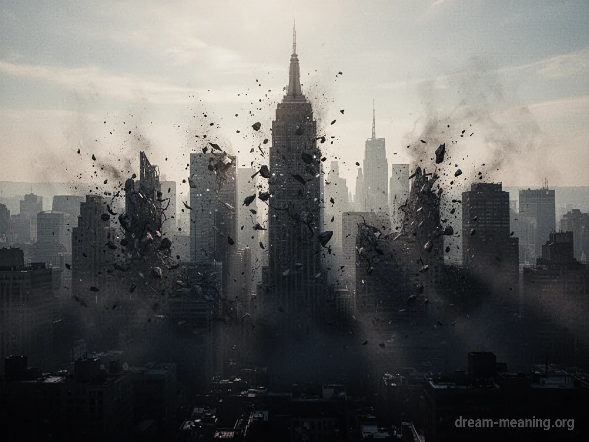A crumbling city skyline fading into mist.