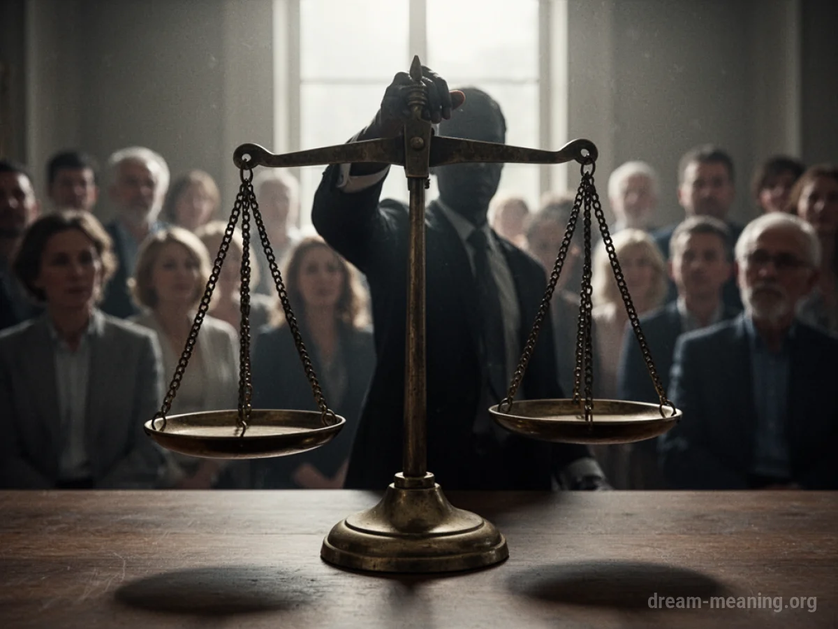 A silhouette figure leans over a large balance scale, subtly altering its position.