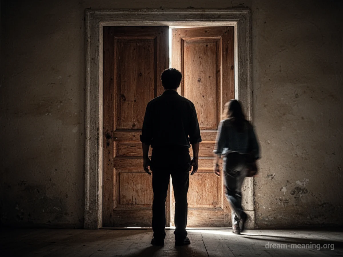 Silhouette of a person facing a closed door as another figure departs.