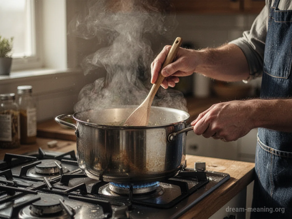 Hands stirring a pot on a stove with steam.