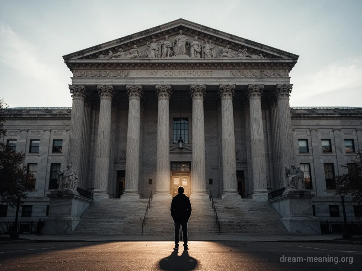 A lone silhouette stands before a large courthouse.