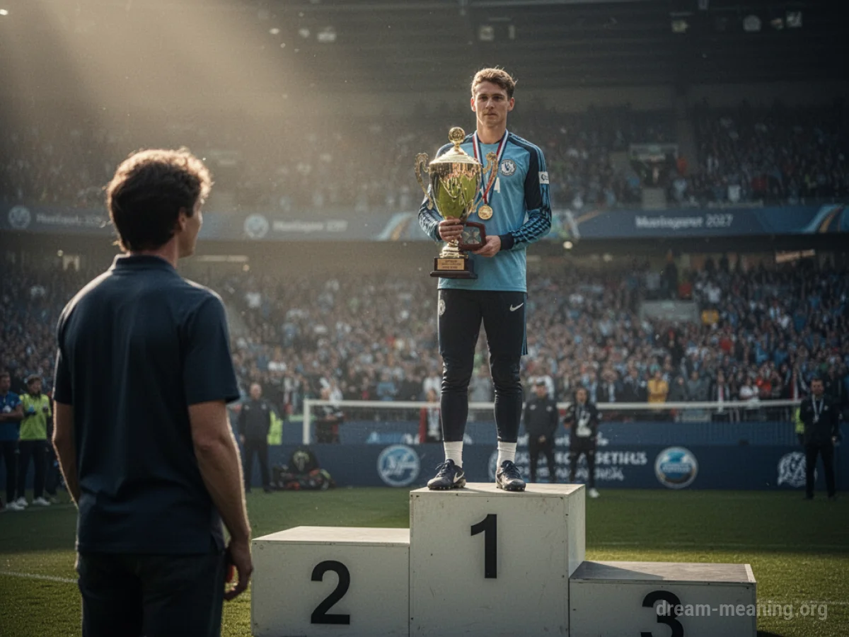A person watches another receive a trophy on a podium.