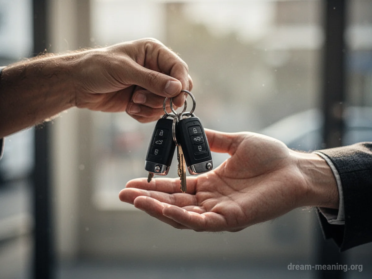 A hand offering car keys to another hand.