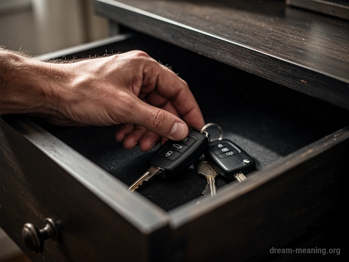 A hand searching for car keys in a dimly lit drawer.