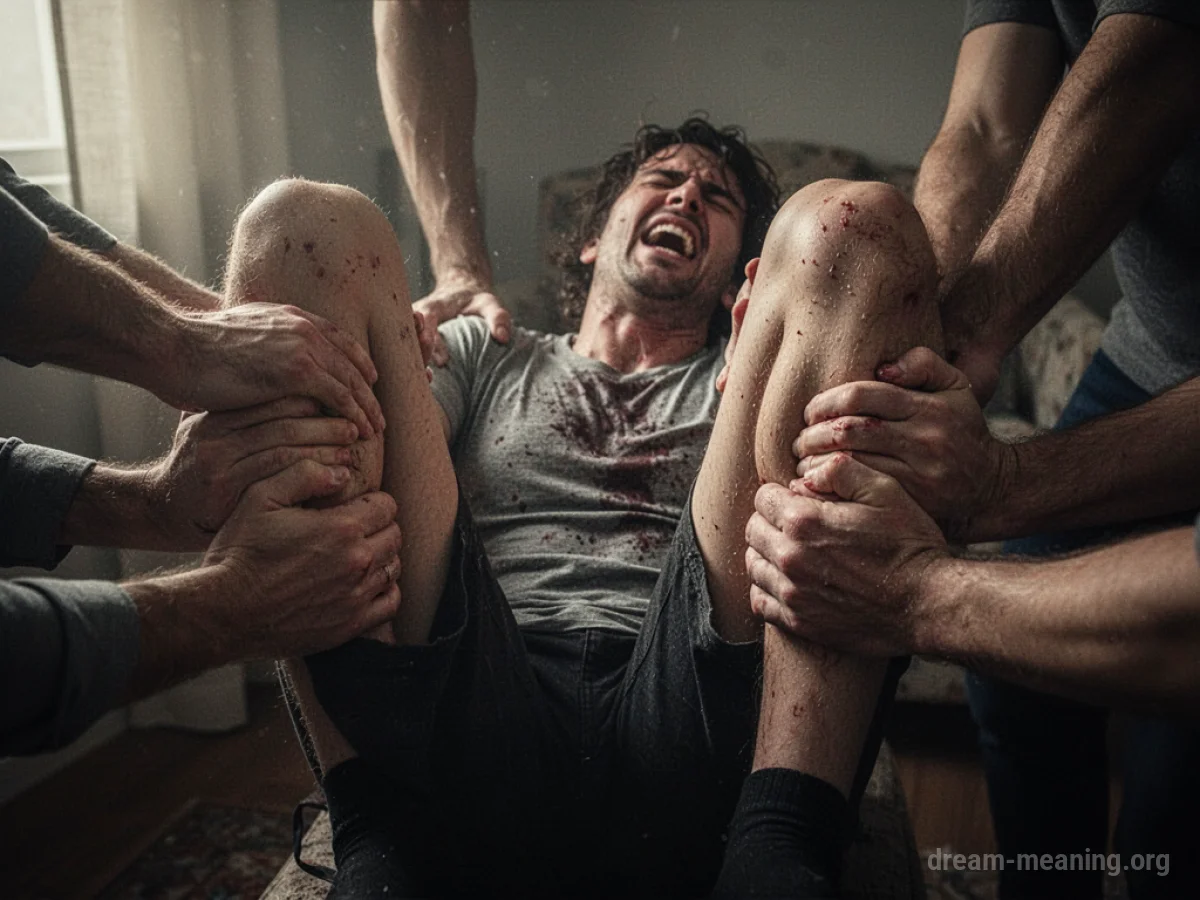 A person's lower body is pinned to the ground by shadowy, indistinct shapes.