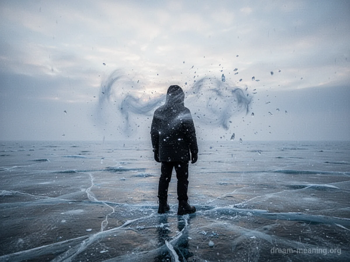 Silhouette of a person standing in a barren, icy field with wind blowing.